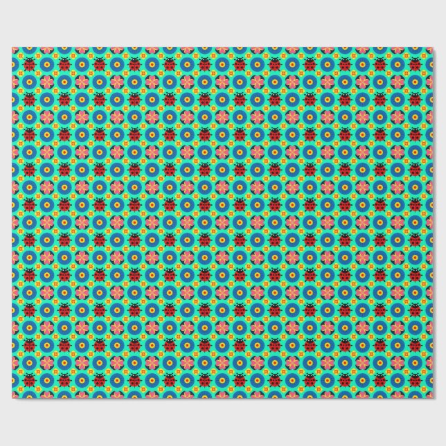 Colourful Ladybugs and Flowers Wrapping Paper (Flat)