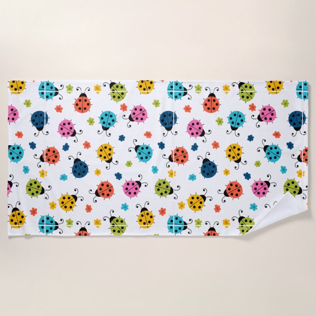 Colourful Ladybugs Nature Pattern White Beach Towe Towel (Front)