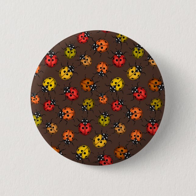 Colourful ladybugs on brown 6 cm round badge (Front)