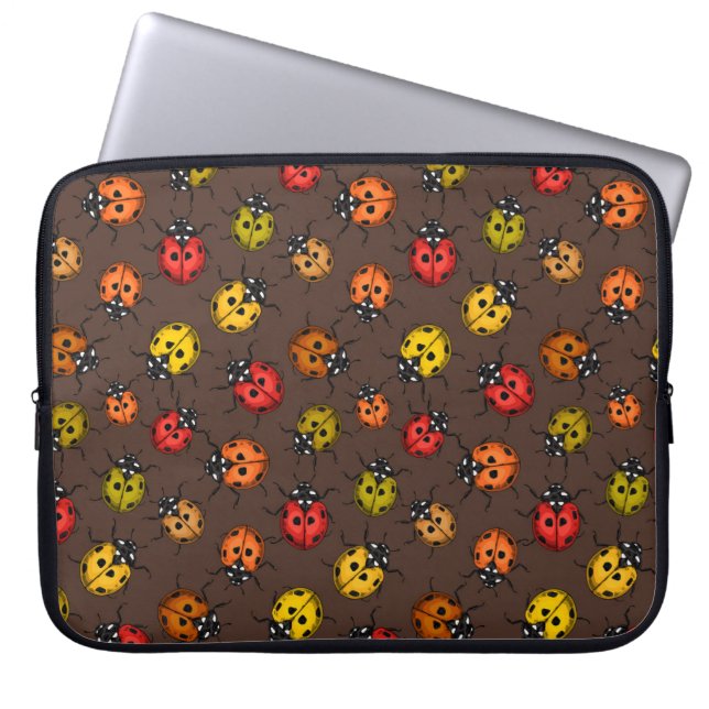 Colourful ladybugs on brown laptop sleeve (Front)