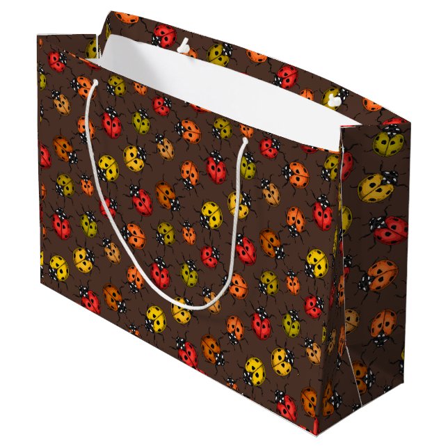 Colourful ladybugs on brown large gift bag (Back Angled)