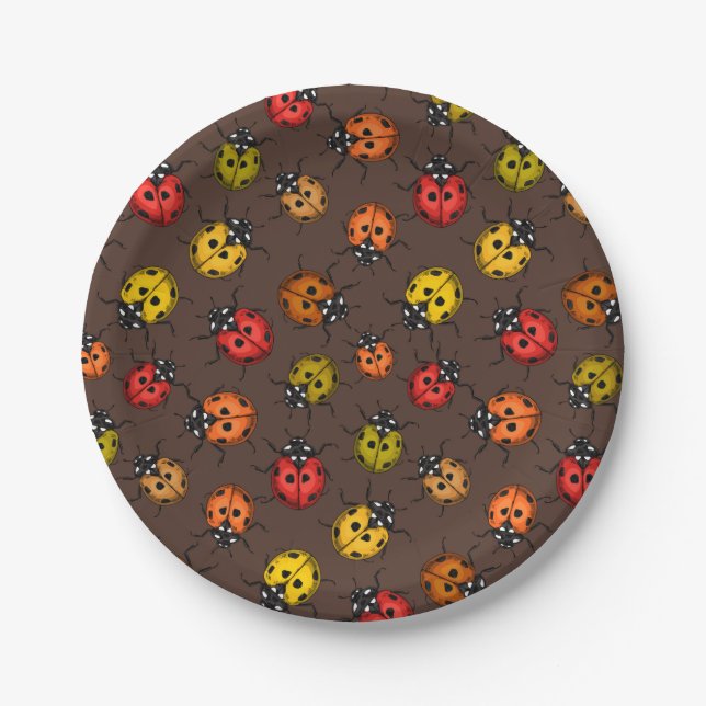 Colourful ladybugs on brown paper plate (Front)