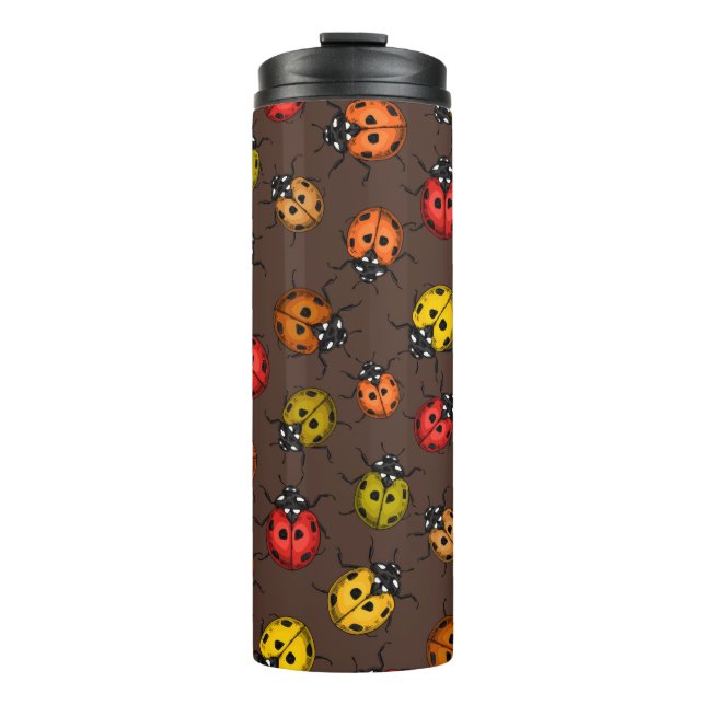 Colourful ladybugs on brown thermal tumbler (Front)