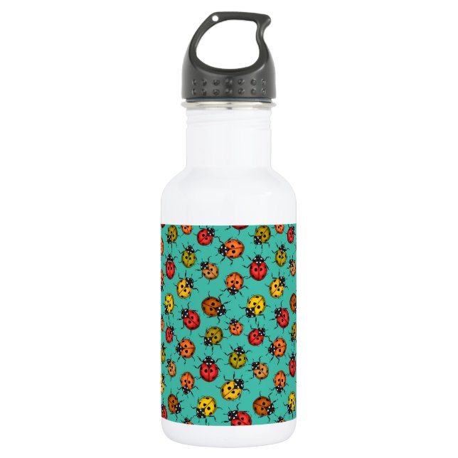 Colourful ladybugs on turquoise 532 ml water bottle (Front)