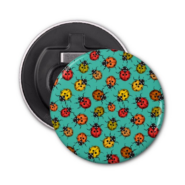 Colourful ladybugs on turquoise bottle opener (Front)