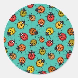 Colourful ladybugs on turquoise classic round sticker