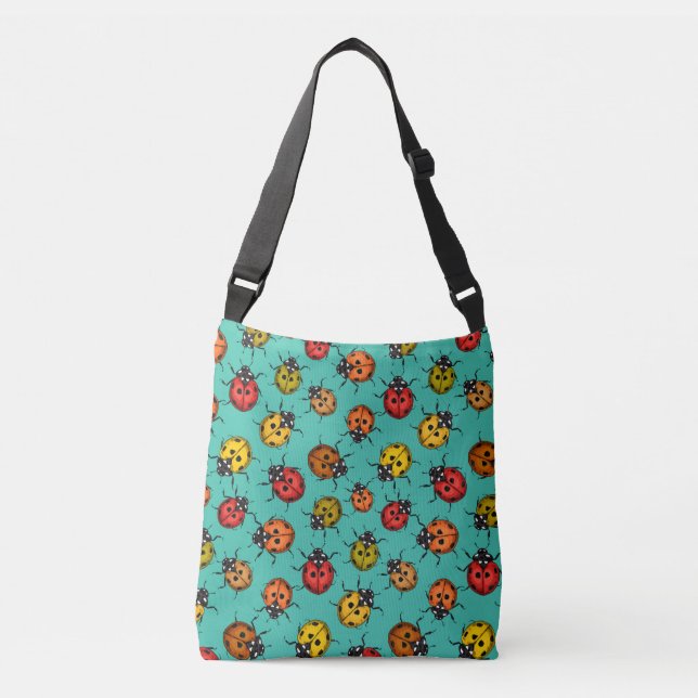 Colourful ladybugs on turquoise crossbody bag (Front)