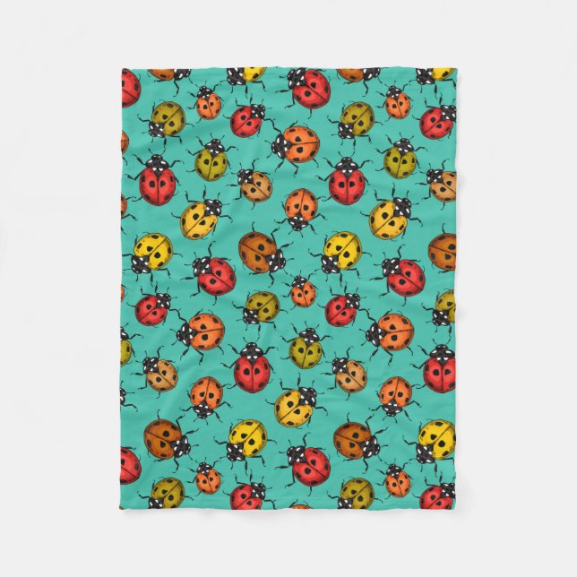 Colourful ladybugs on turquoise fleece blanket (Front)