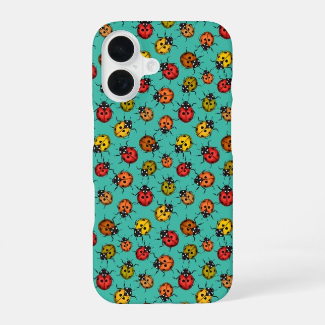 Colourful ladybugs on turquoise iPhone 16 case (Back)