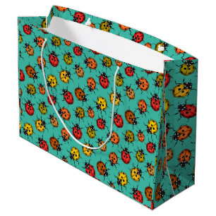 Colourful ladybugs on turquoise large gift bag
