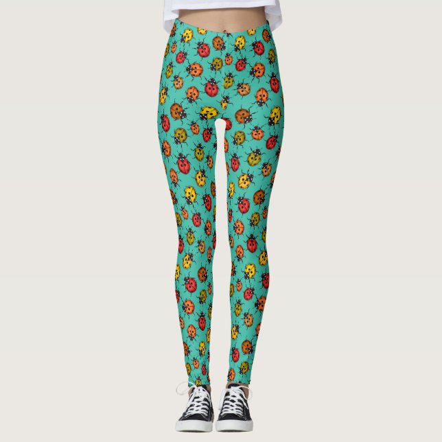 Colourful ladybugs on turquoise leggings (Front)