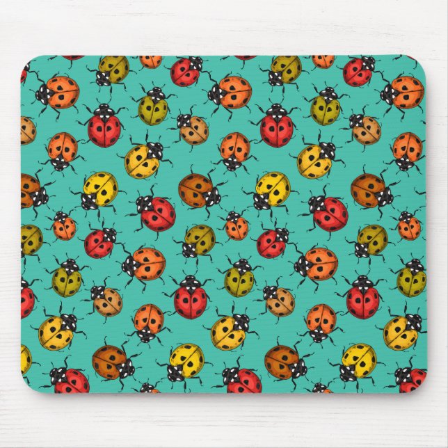 Colourful ladybugs on turquoise mouse mat (Front)