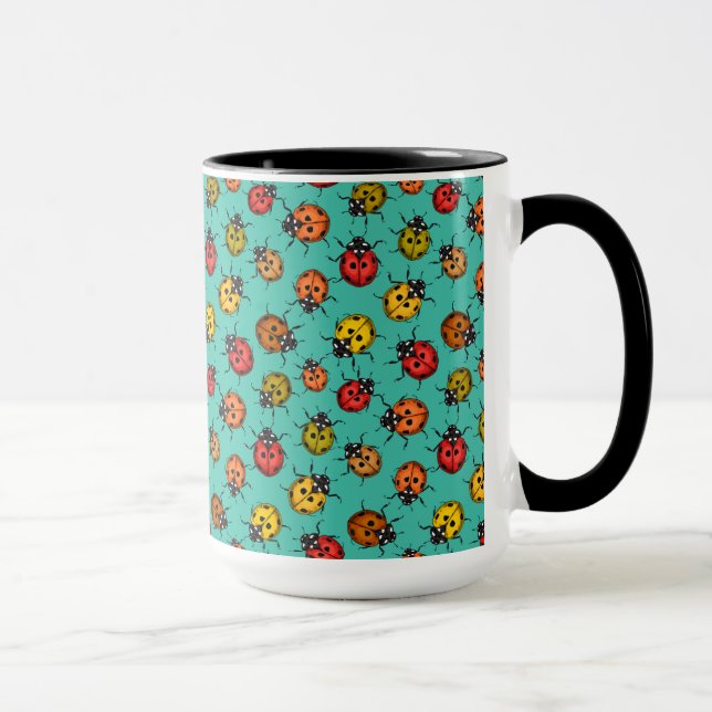 Colourful ladybugs on turquoise mug (Right)