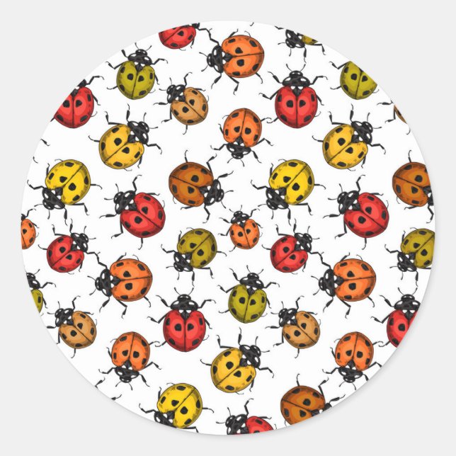 Colourful ladybugs on white classic round sticker (Front)