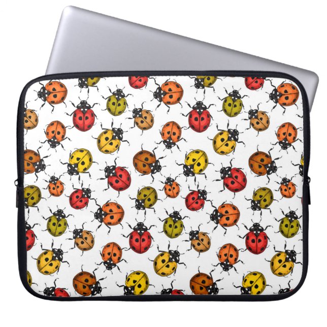 Colourful ladybugs on white laptop sleeve (Front)