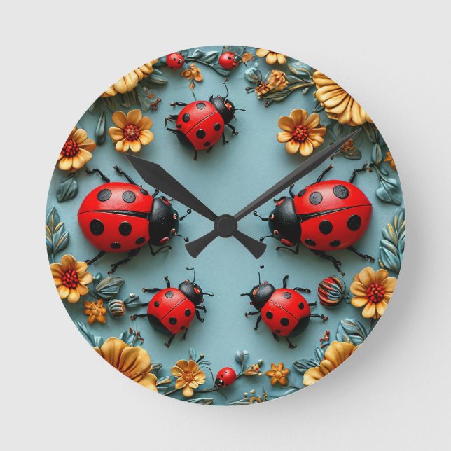 Colourful ladybugs round clock (Front)