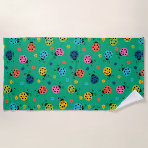 Colourful Ladybugs Turquoise Pattern Beach Towel
