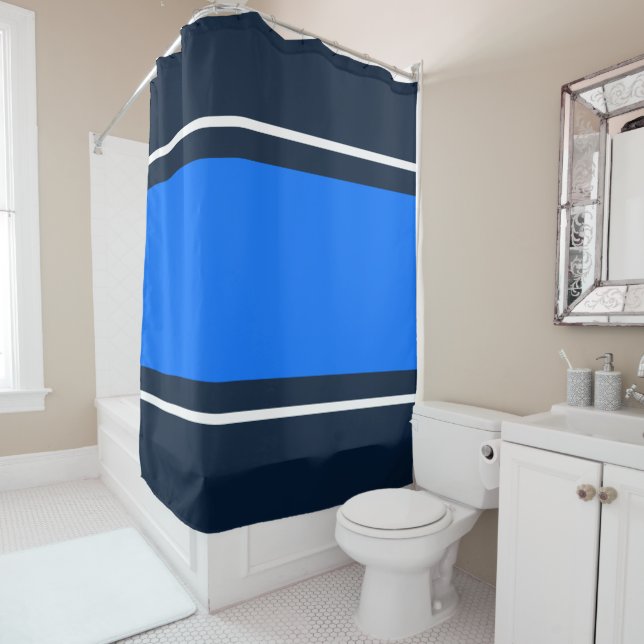 Colourful Lake Blue Nautical Navy White Stripes Shower Curtain (In Situ)