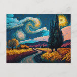 Colourful Landscape in Van Gogh Style Peaceful Sky Postcard<br><div class="desc">Bring a touch of Vincent Van Gogh's iconic style to your life with this beautiful postcard featuring an idyllic landscape of rolling fields, lush trees, and a swirling sky. The vivid colours and masterful brushwork create a sense of movement and emotion, inviting you to escape to a serene countryside scene....</div>
