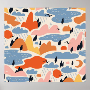 Colourful landscape, mountains, lakes, seamless. poster
