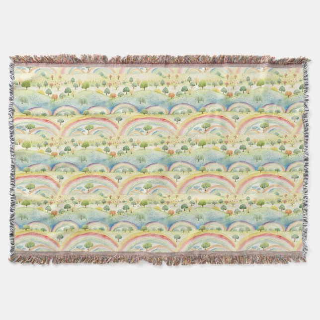 Colourful Landscape with Trees, Hills, and Rainbow Throw Blanket (Front)