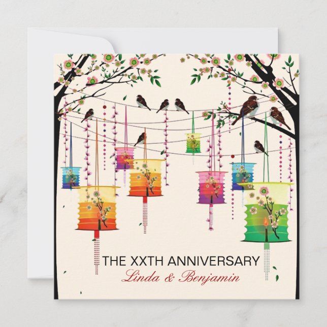 Colourful Lanterns Cherry Tree Birds Anniversary Invitation (Front)