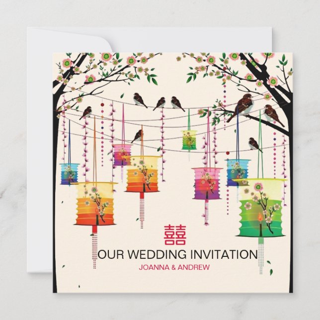 Colourful Lanterns Cherry Tree Birds Spring Weddin Invitation (Front)