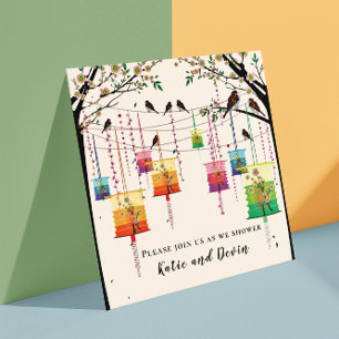 Colourful Lanterns Cherry Tree Birds Wedding Showe Invitation