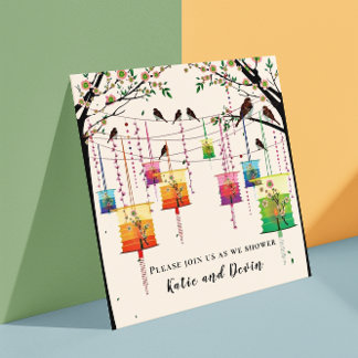 Colourful Lanterns Cherry Tree Birds Wedding Showe Invitation