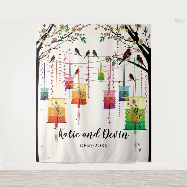 Colourful Lanterns Cherry Tree Birds Wedding/Showe Tapestry (Front)
