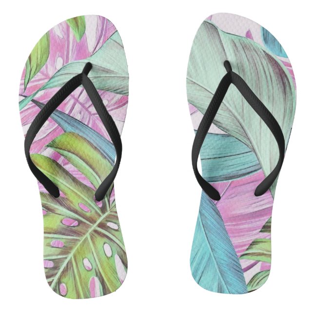 Colourful large tropical leaves watercolor  flip flops (Footbed)