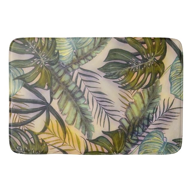Colourful large tropical leaves watercolor paintin bath mat (Front)