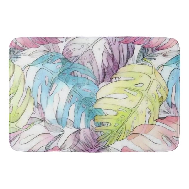 Colourful large tropical leaves watercolor paintin bath mat (Front)