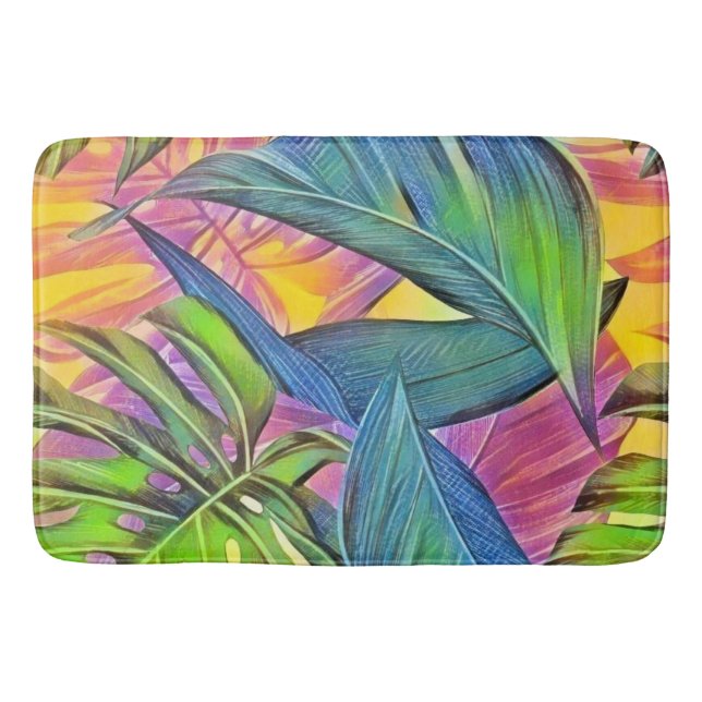 Colourful large tropical leaves watercolor paintin bath mat (Front)