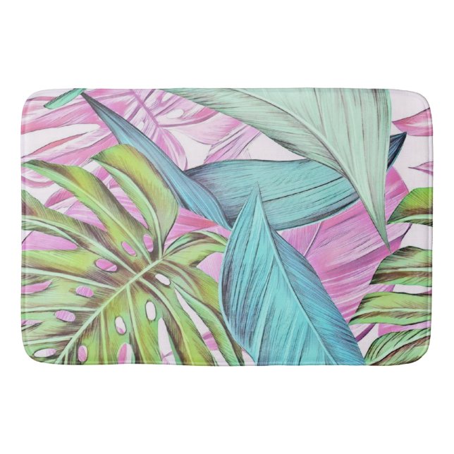 Colourful large tropical leaves watercolor paintin bath mat (Front)