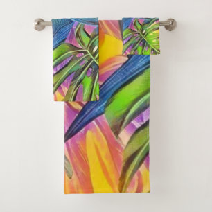 Colourful large tropical leaves watercolor paintin bath towel set