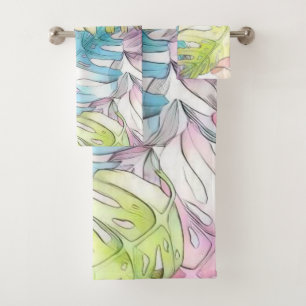 Colourful large tropical leaves watercolor paintin bath towel set
