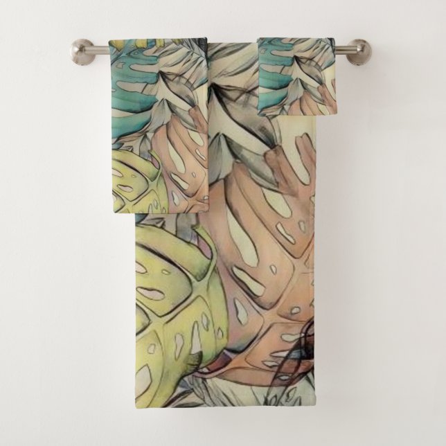 Colourful large tropical leaves watercolor paintin bath towel set (Insitu)