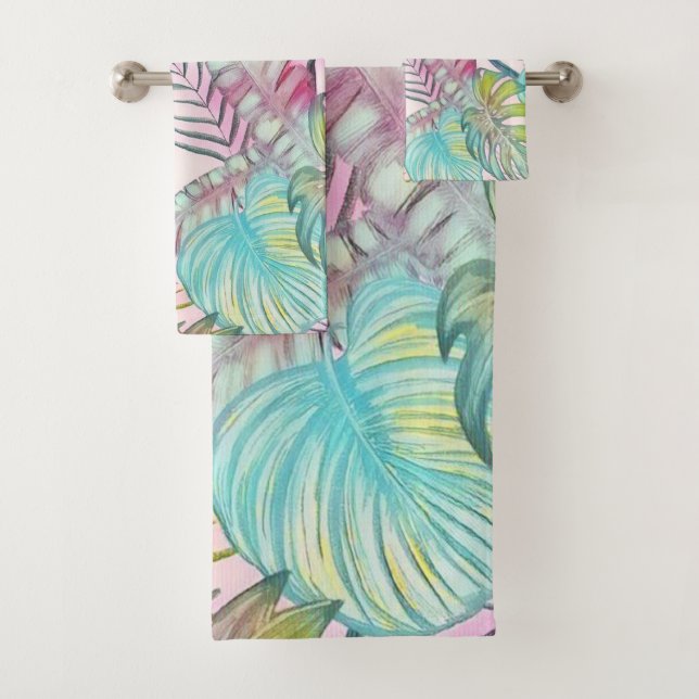 Colourful large tropical leaves watercolor paintin bath towel set (Insitu)