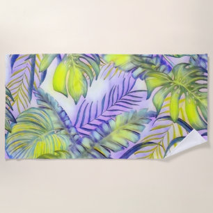 Colourful large tropical leaves watercolor paintin beach towel