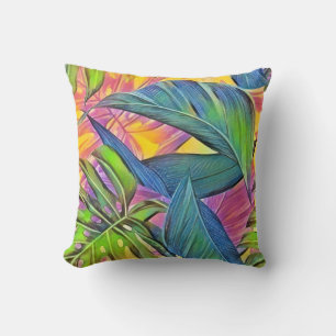 Colourful large tropical leaves watercolor paintin cushion