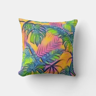 Colourful large tropical leaves watercolor paintin cushion