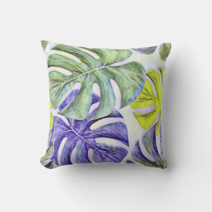 Colourful large tropical leaves watercolor paintin cushion