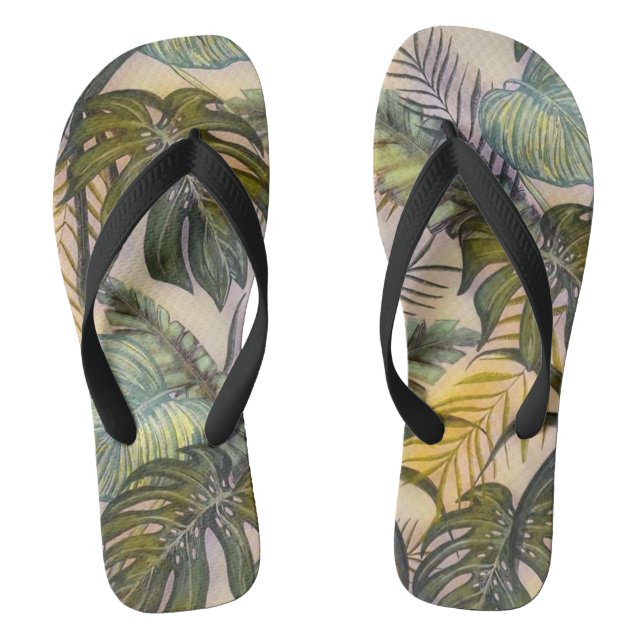 Colourful large tropical leaves watercolor paintin flip flops (Footbed)