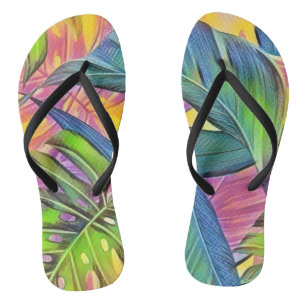 Colourful large tropical leaves watercolor paintin flip flops
