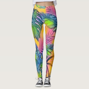 Colourful large tropical leaves watercolor paintin leggings