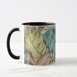 Colourful large tropical leaves watercolor paintin mug