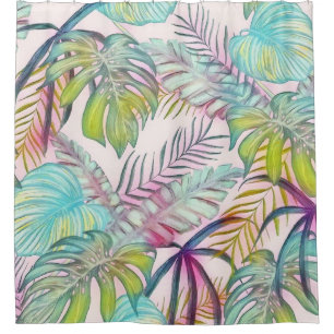Colourful large tropical leaves watercolor paintin shower curtain