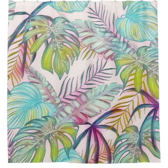 Colourful large tropical leaves watercolor paintin shower curtain (Front)