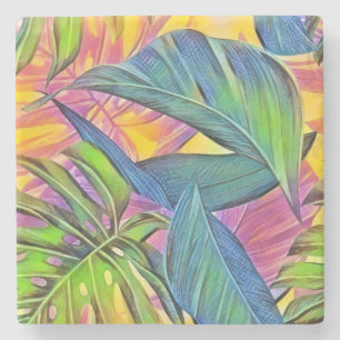 Colourful large tropical leaves watercolor paintin stone coaster